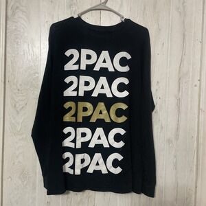 Tupac Shakur 2Pac T-Shirt Men's Large Long Sleeve‎ Spellout Black Gold Glitter